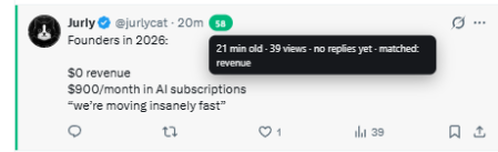 A score badge on a post, with its hover tooltip showing the post's age, views, replies and matched keyword