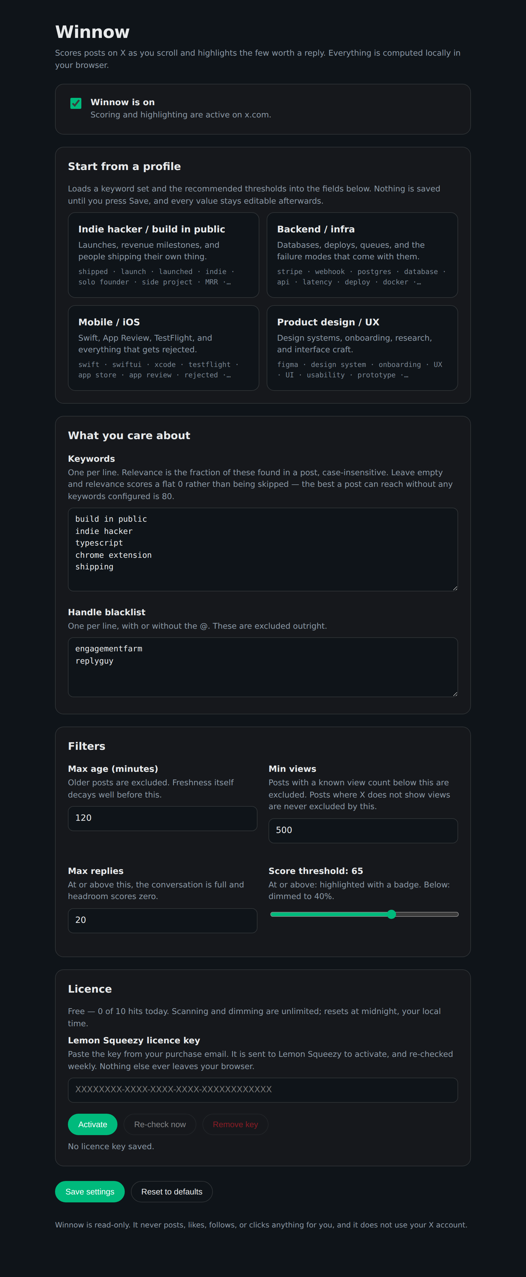 Winnow's settings page: keywords, handle blacklist, filters and score threshold