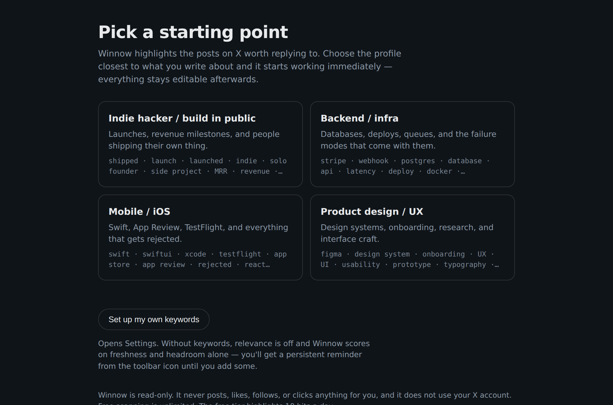 The first-run screen offering four profiles: indie hacker, backend, mobile and product design